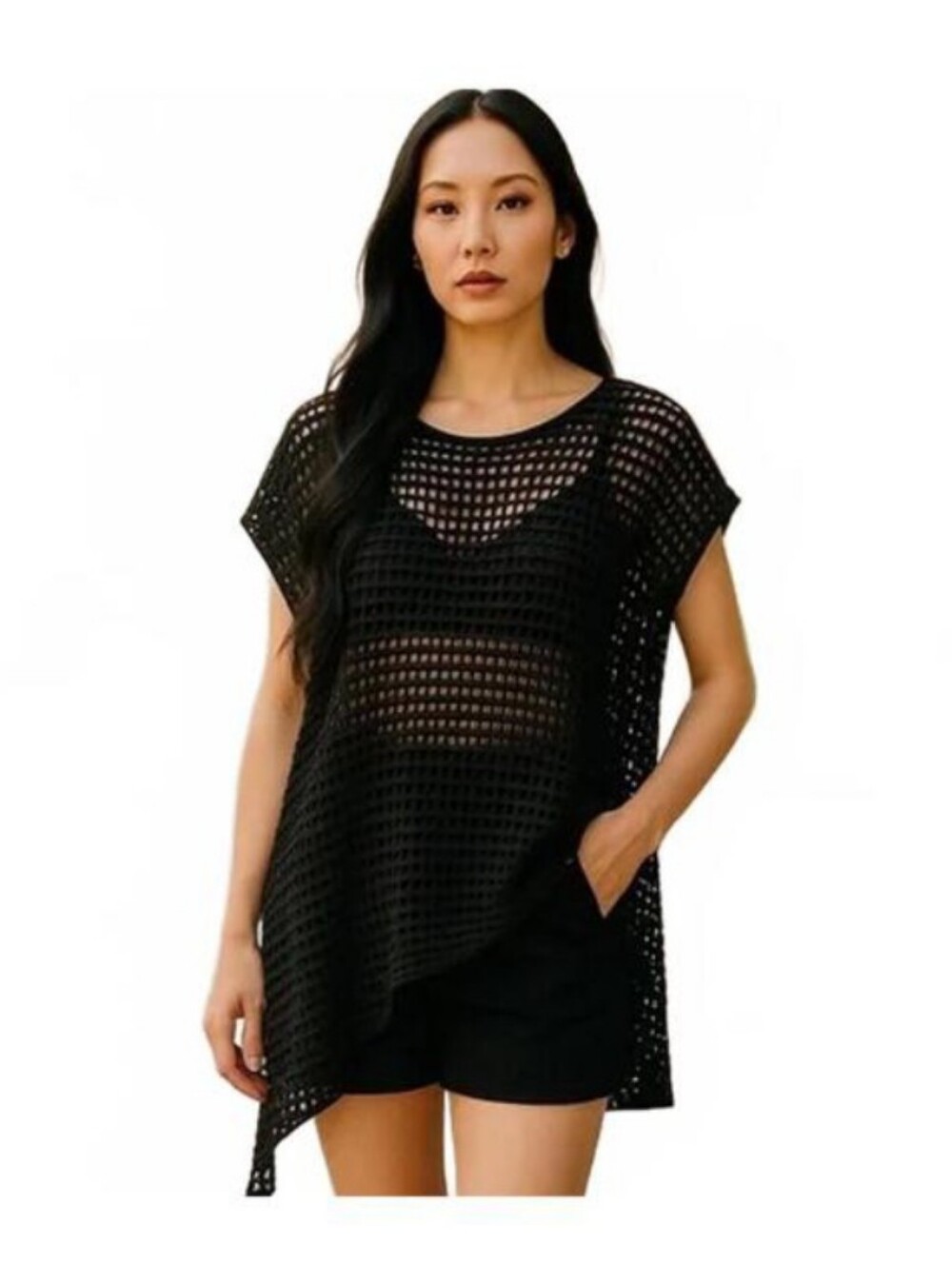 Eileen Fisher Crochet Asymmetric‎ Overlay Top